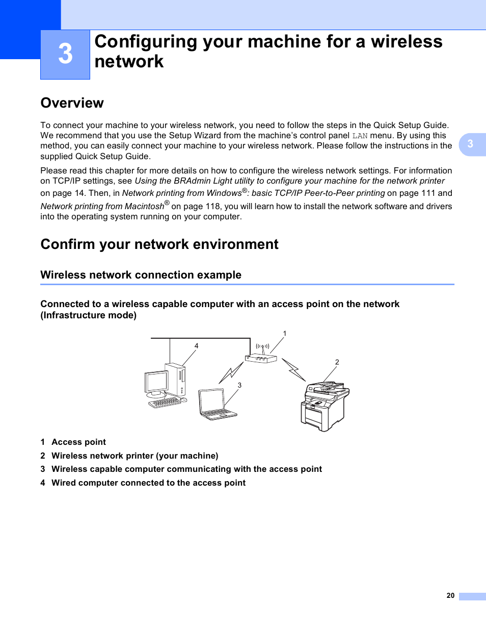 3 configuring your machine for a wireless network, Overview, Confirm your network environment | Wireless network connection example, Configuring your machine for a wireless network, Overview confirm your network environment | Brother MFC 9840CDW User Manual | Page 30 / 204