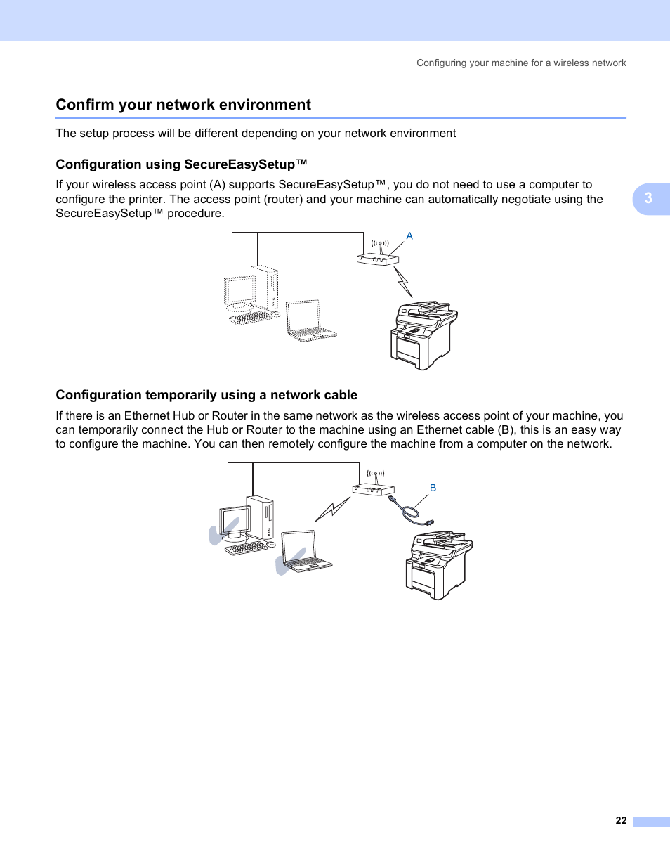 Confirm your network environment, Configuration using secureeasysetup, Configuration temporarily using a network cable | 3confirm your network environment | Brother MFC 9840CDW User Manual | Page 32 / 204