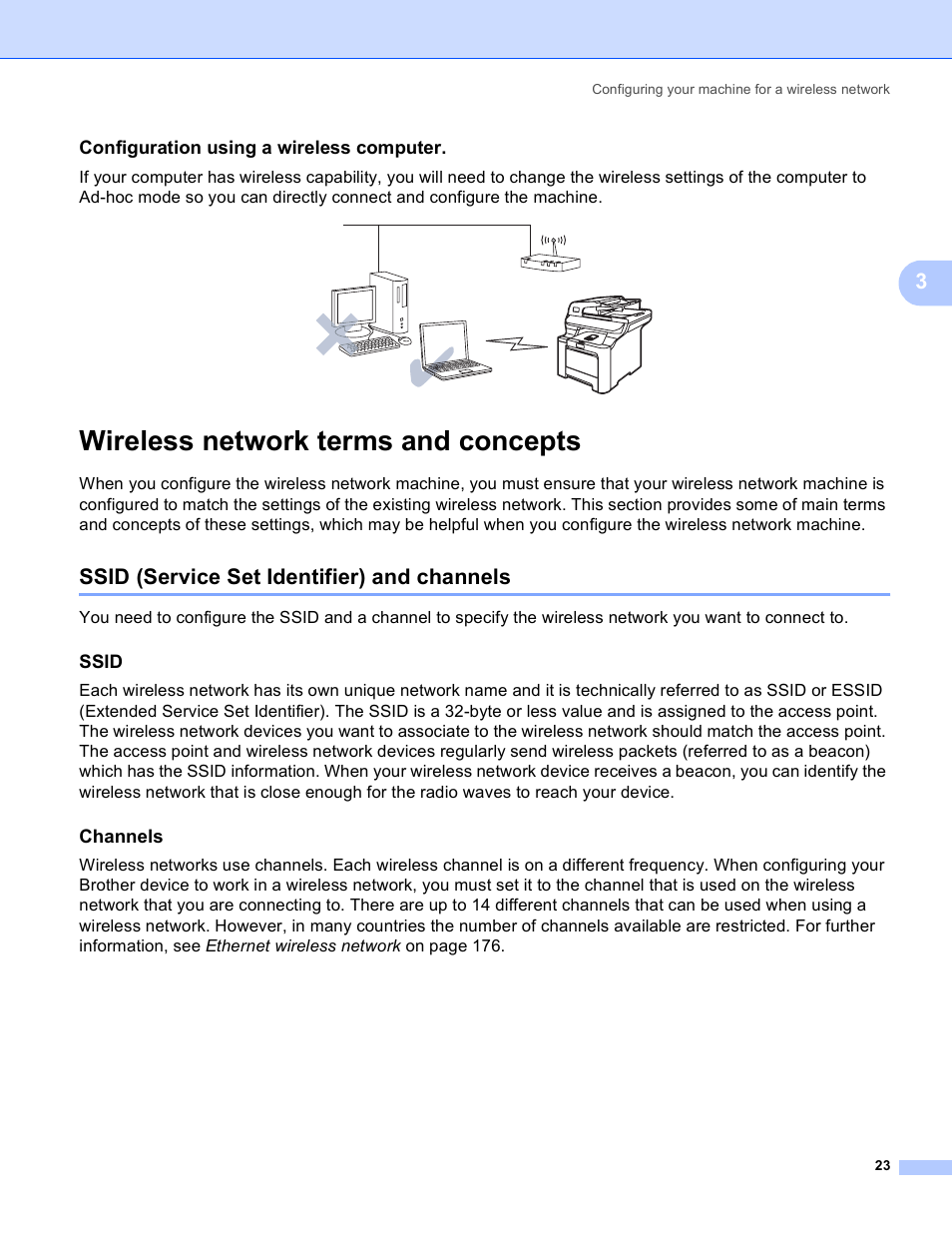 Configuration using a wireless computer, Wireless network terms and concepts, Ssid (service set identifier) and channels | Ssid, Channels | Brother MFC 9840CDW User Manual | Page 33 / 204