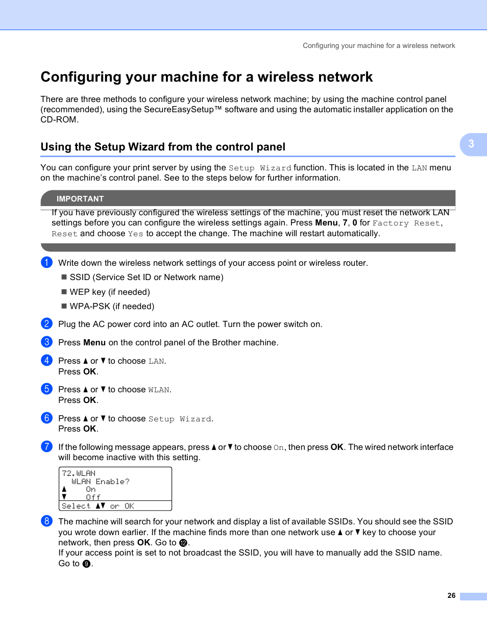 Configuring your machine for a wireless network, Using the setup wizard from the control panel | Brother MFC 9840CDW User Manual | Page 36 / 204