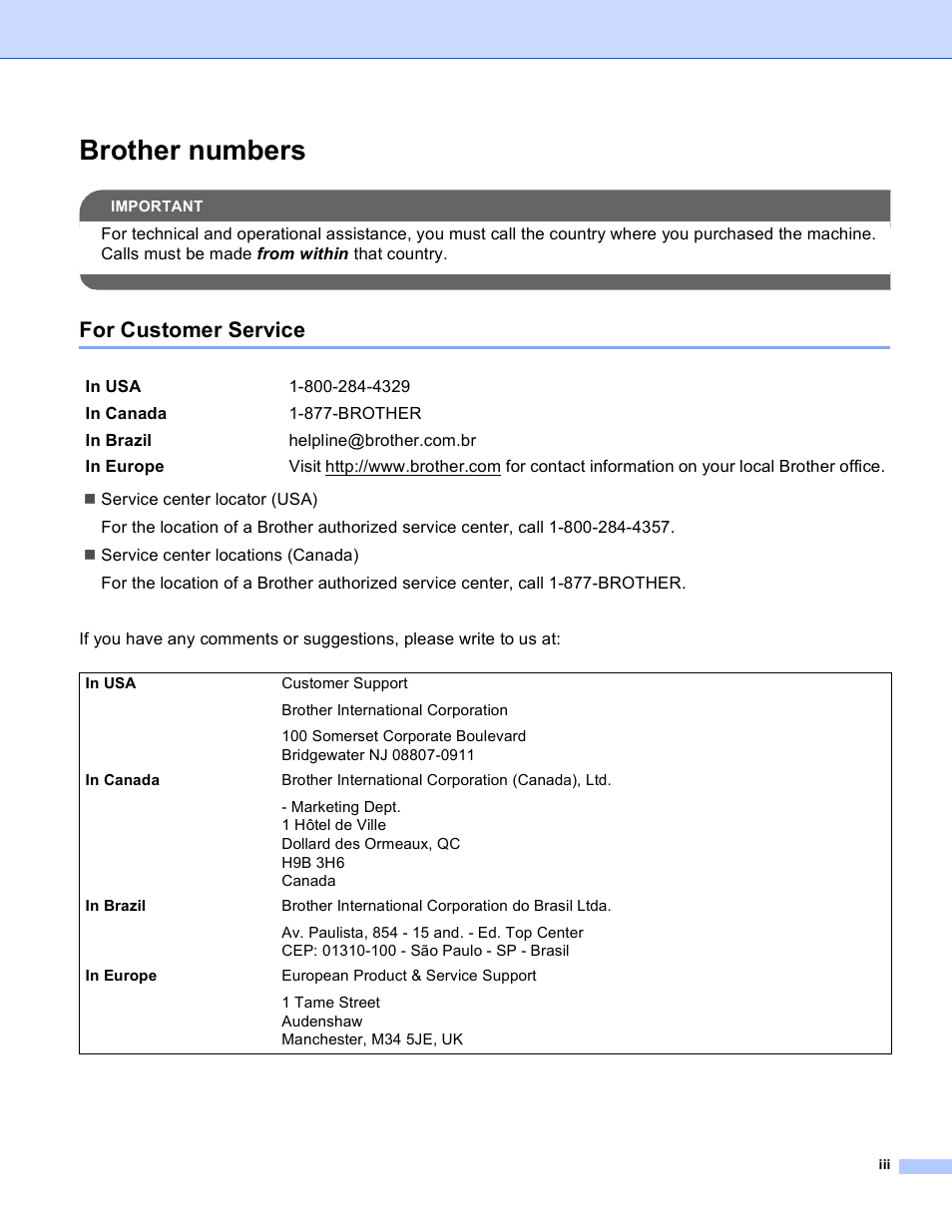 Brother numbers, For customer service | Brother MFC 9840CDW User Manual | Page 4 / 204