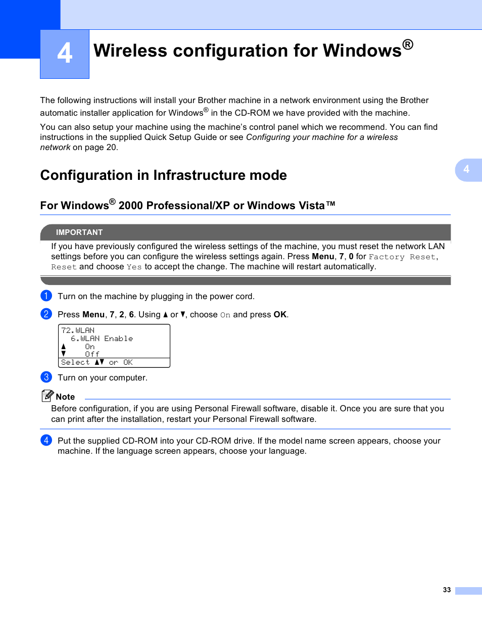 4 wireless configuration for windows, Configuration in infrastructure mode, For windows® 2000 professional/xp or windows vista | Wireless configuration for windows, For windows, 2000 professional/xp or windows vista, E wireless configuration for windows | Brother MFC 9840CDW User Manual | Page 43 / 204