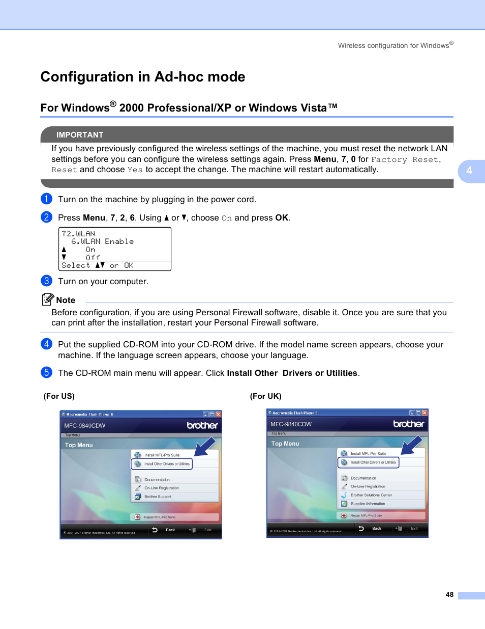 Configuration in ad-hoc mode, For windows® 2000 professional/xp or windows vista, For windows | 2000 professional/xp or windows vista | Brother MFC 9840CDW User Manual | Page 58 / 204