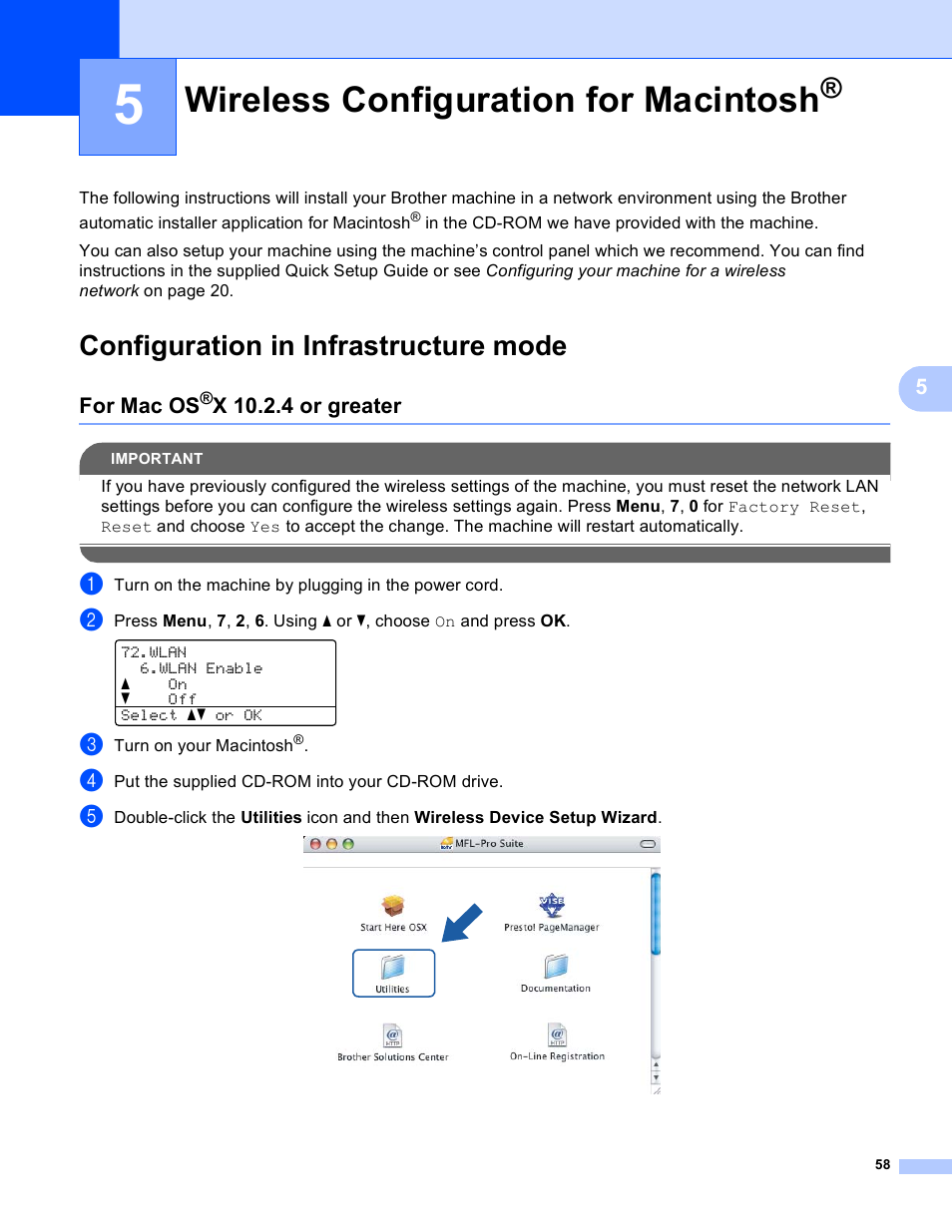 5 wireless configuration for macintosh, Configuration in infrastructure mode, For mac os®x 10.2.4 or greater | Wireless configuration for macintosh, For mac os, X 10.2.4 or greater | Brother MFC 9840CDW User Manual | Page 68 / 204