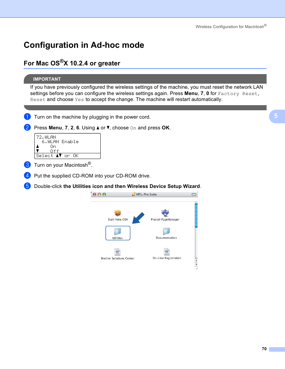 Configuration in ad-hoc mode, For mac os®x 10.2.4 or greater, For mac os | X 10.2.4 or greater | Brother MFC 9840CDW User Manual | Page 80 / 204