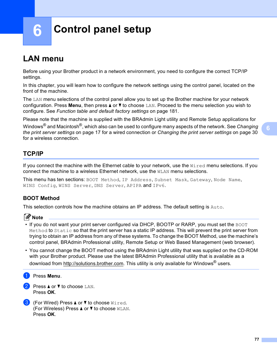 6 control panel setup, Lan menu, Tcp/ip | Boot method, Control panel setup, Control panel | Brother MFC 9840CDW User Manual | Page 87 / 204