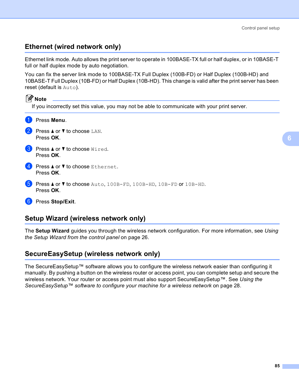 Ethernet (wired network only), Setup wizard (wireless network only), Secureeasysetup (wireless network only) | 6ethernet (wired network only) | Brother MFC 9840CDW User Manual | Page 95 / 204