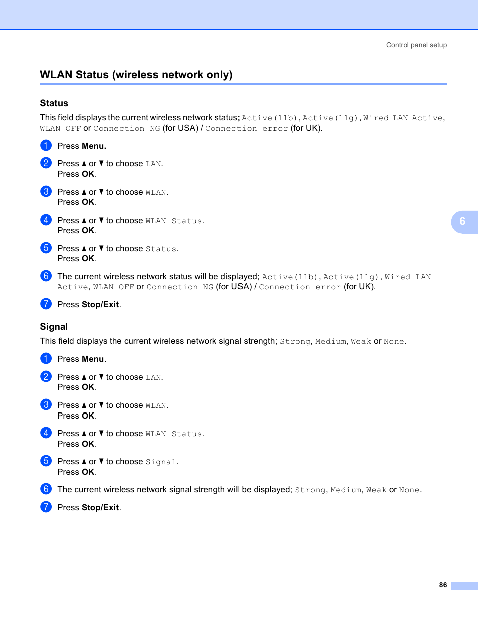Wlan status (wireless network only), Status, Signal | Brother MFC 9840CDW User Manual | Page 96 / 204