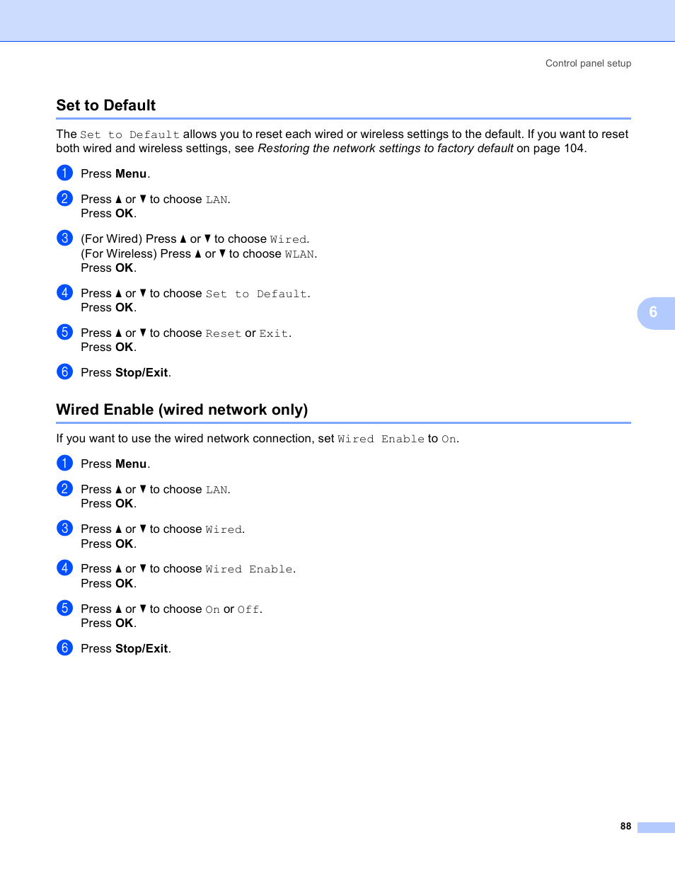 Set to default, Wired enable (wired network only), Set to default wired enable (wired network only) | Brother MFC 9840CDW User Manual | Page 98 / 204