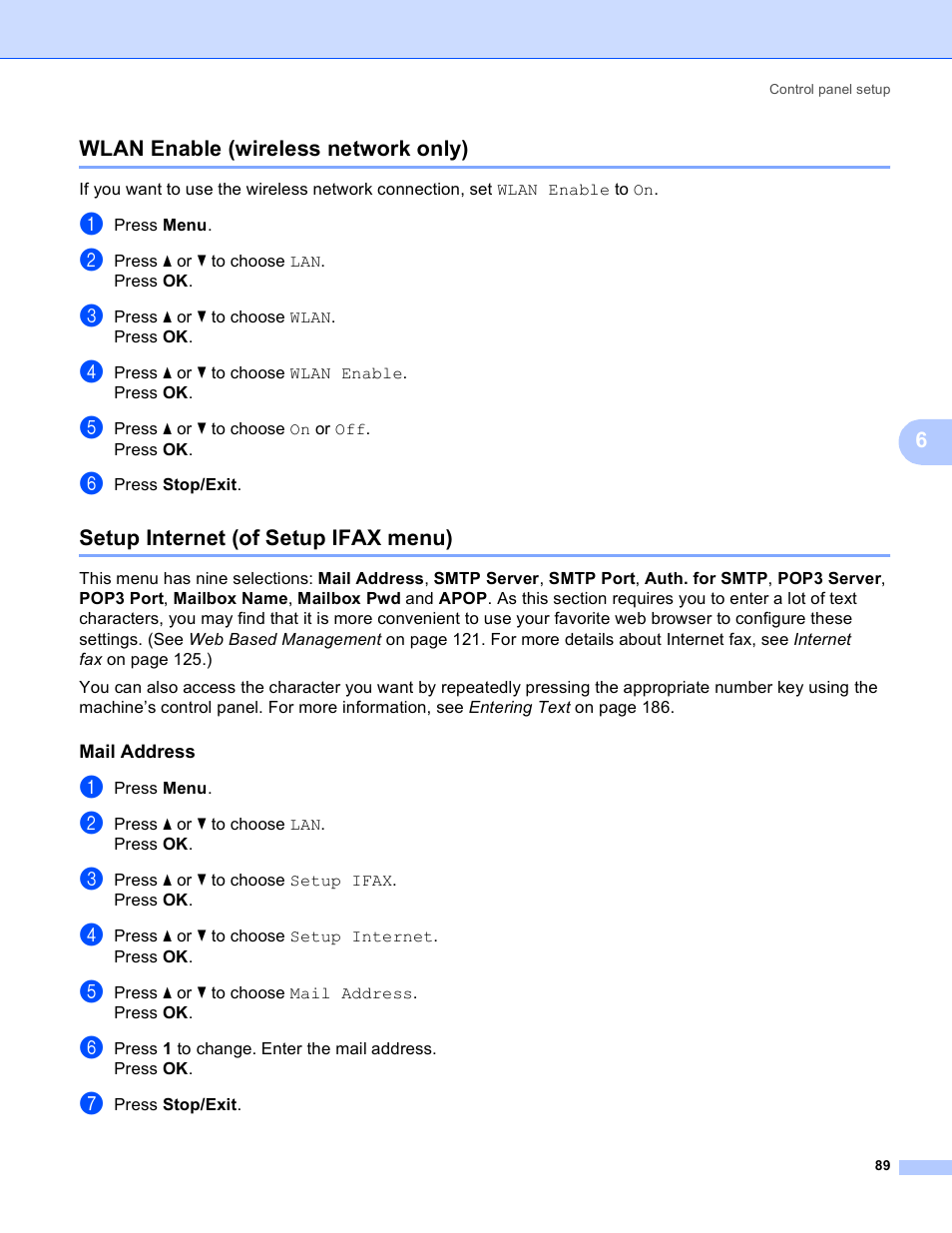 Wlan enable (wireless network only), Setup internet (of setup ifax menu), Mail address | Brother MFC 9840CDW User Manual | Page 99 / 204