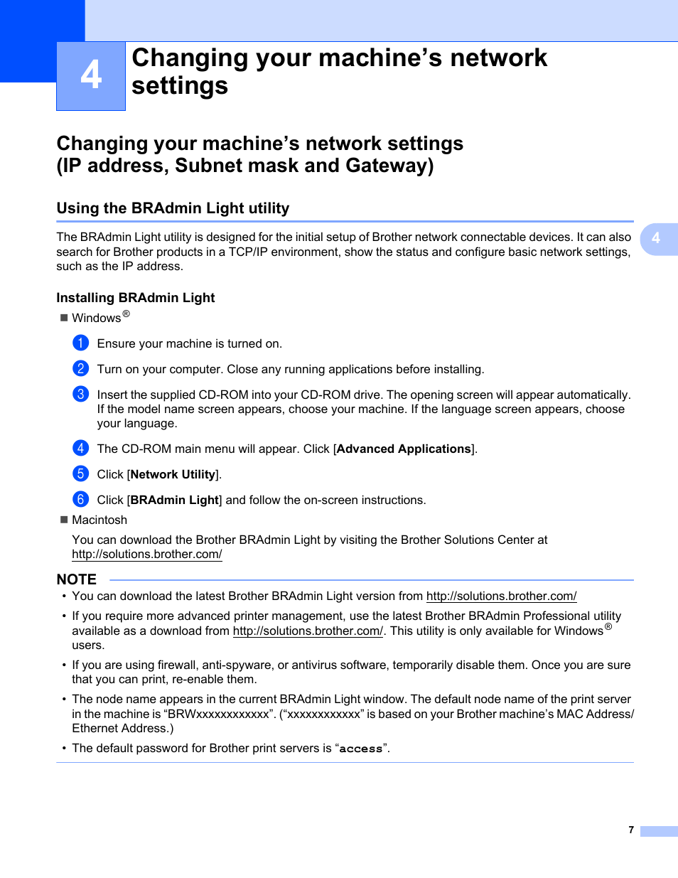 4 changing your machine’s network settings, Using the bradmin light utility, Installing bradmin light | Changing your machine’s network settings | Brother PT-E550W User Manual | Page 12 / 58