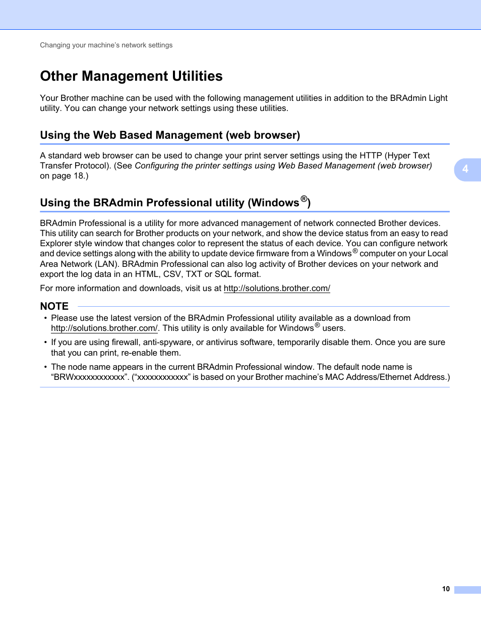 Other management utilities, Using the web based management (web browser), Using the bradmin professional utility (windows®) | Using the bradmin professional utility (windows | Brother PT-E550W User Manual | Page 15 / 58