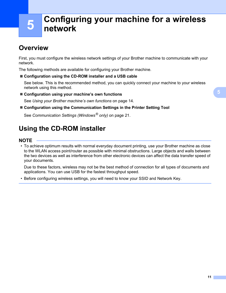 5 configuring your machine for a wireless network, Overview, Using the cd-rom installer | Configuring your machine for a wireless network, Overview using the cd-rom installer | Brother PT-E550W User Manual | Page 16 / 58