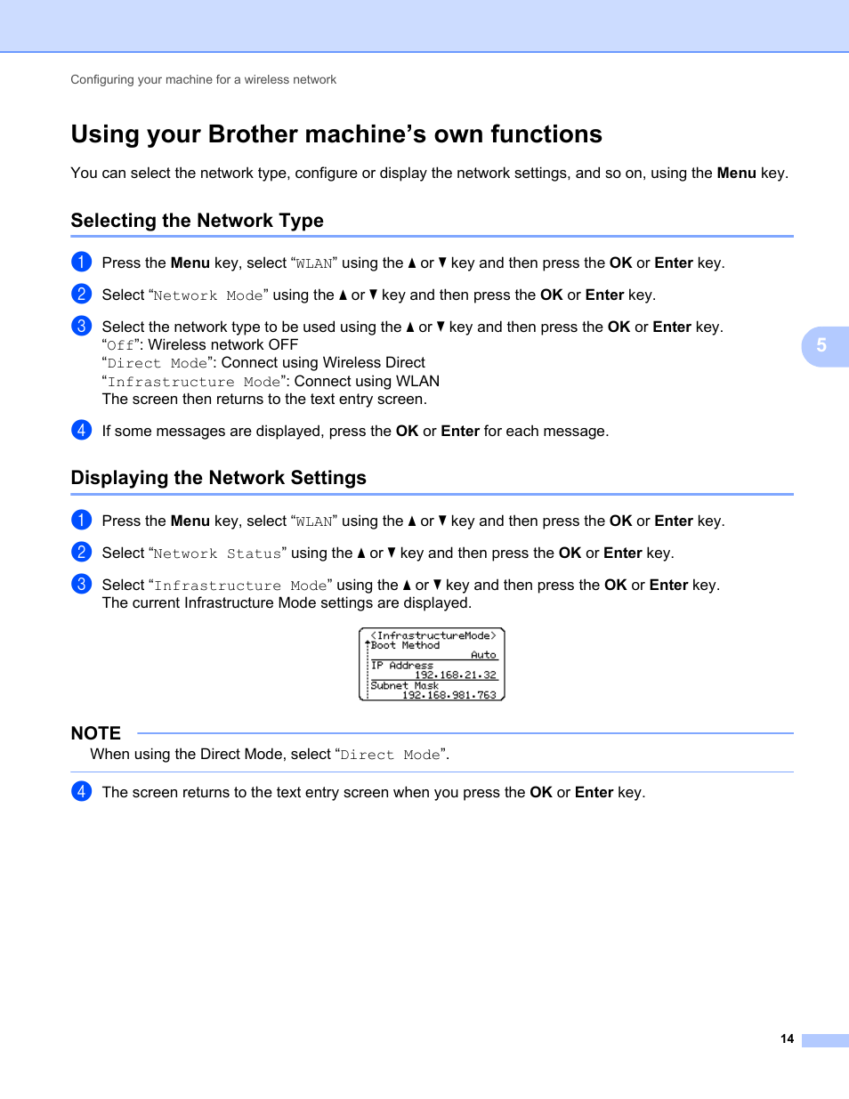 Using your brother machine’s own functions, Selecting the network type, Displaying the network settings | Brother PT-E550W User Manual | Page 19 / 58