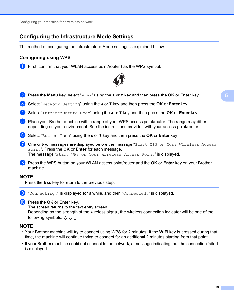 Configuring the infrastructure mode settings, Configuring using wps | Brother PT-E550W User Manual | Page 20 / 58