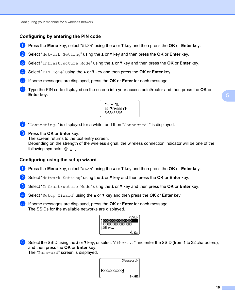 Configuring by entering the pin code, Configuring using the setup wizard | Brother PT-E550W User Manual | Page 21 / 58