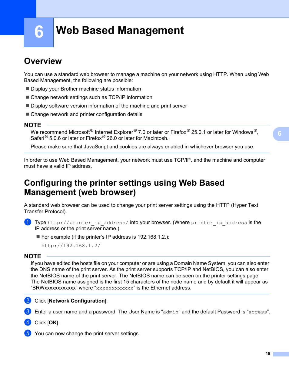 6 web based management, Overview, Web based management | Brother PT-E550W User Manual | Page 23 / 58