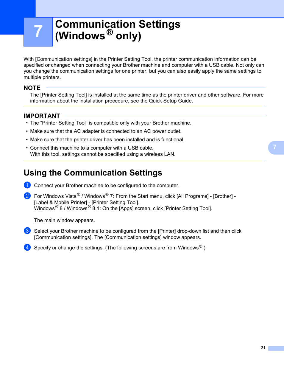 7 communication settings (windows® only), Using the communication settings, Communication settings (windows | Only) | Brother PT-E550W User Manual | Page 26 / 58