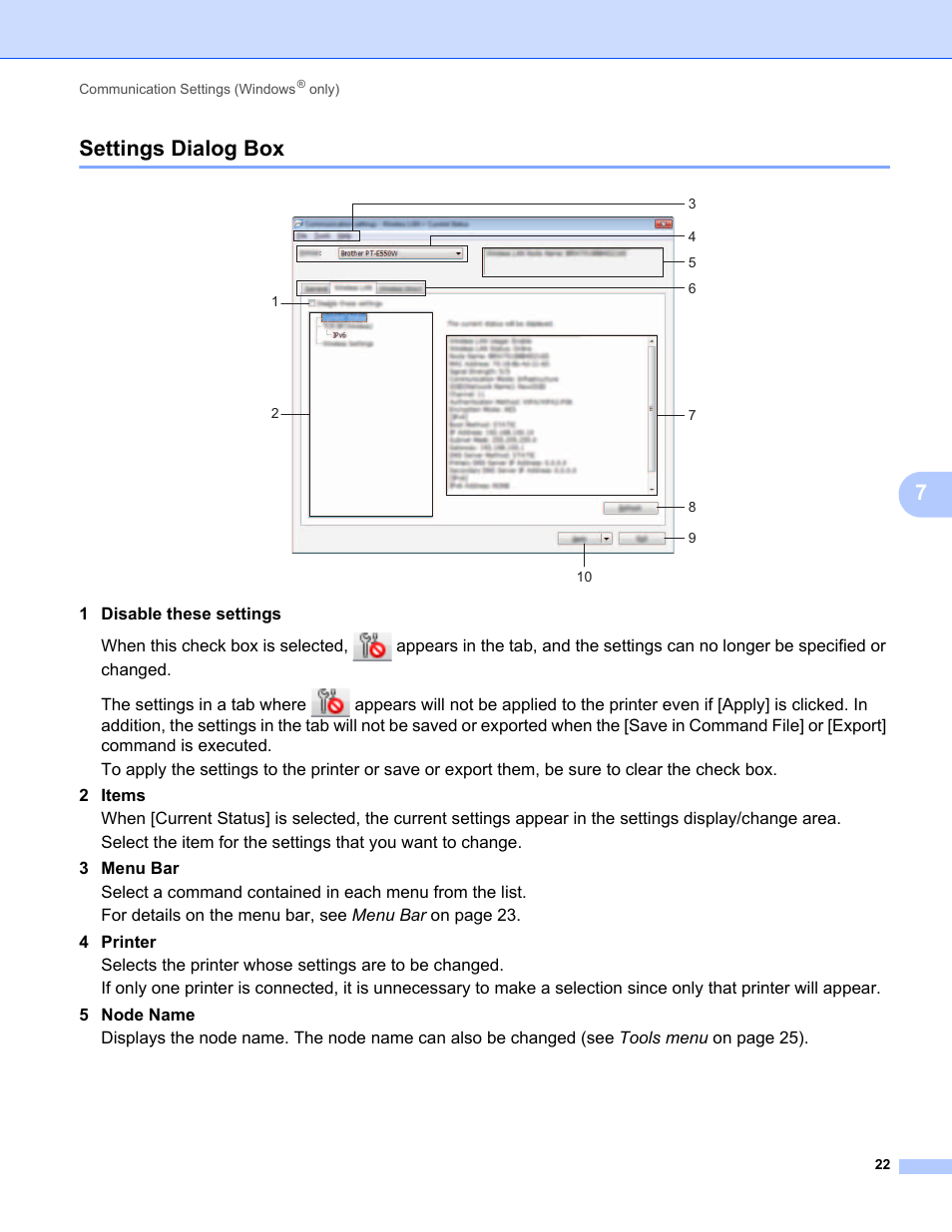 Settings dialog box, 7settings dialog box | Brother PT-E550W User Manual | Page 27 / 58