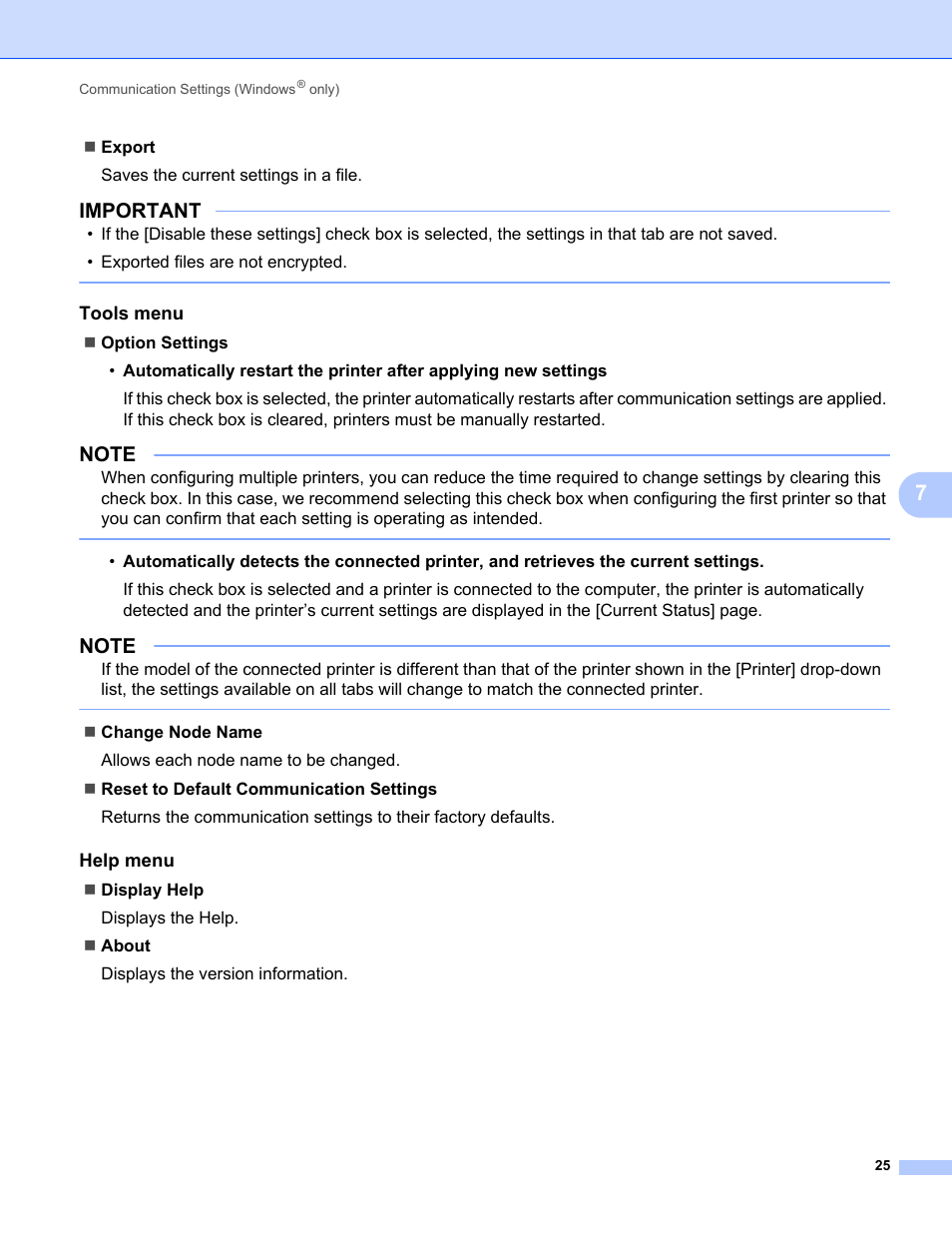 Tools menu, Help menu, Important | Brother PT-E550W User Manual | Page 30 / 58