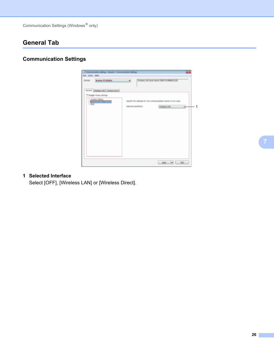 General tab, Communication settings, 7general tab | Brother PT-E550W User Manual | Page 31 / 58