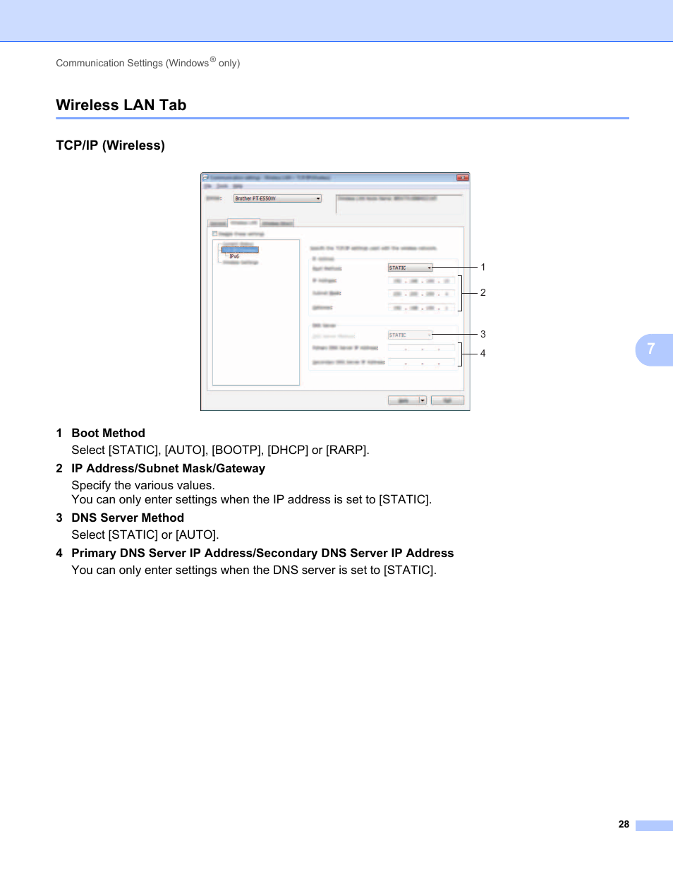 Wireless lan tab, Tcp/ip (wireless), 7wireless lan tab | Brother PT-E550W User Manual | Page 33 / 58