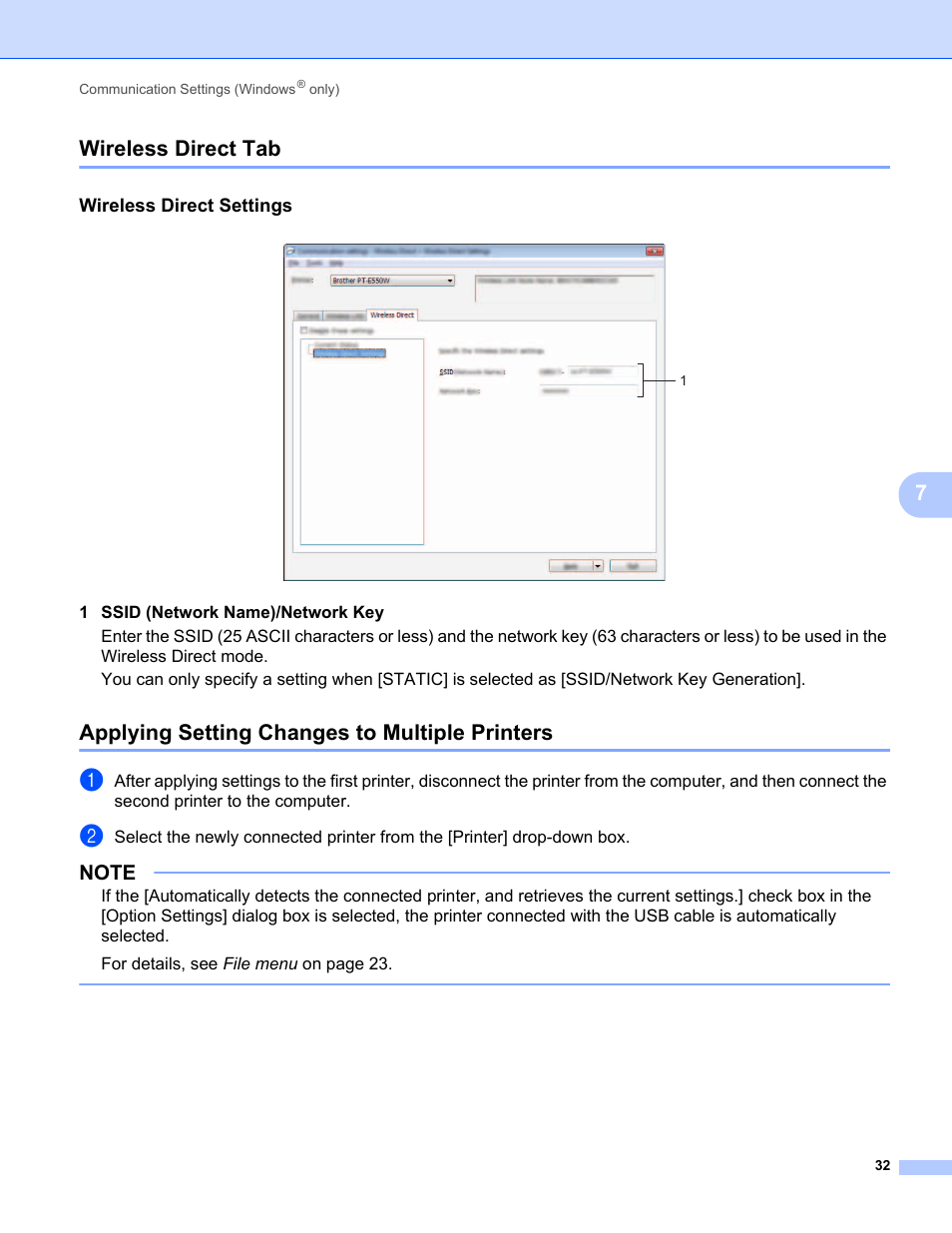 Wireless direct tab, Wireless direct settings, Applying setting changes to multiple printers | 7wireless direct tab | Brother PT-E550W User Manual | Page 37 / 58