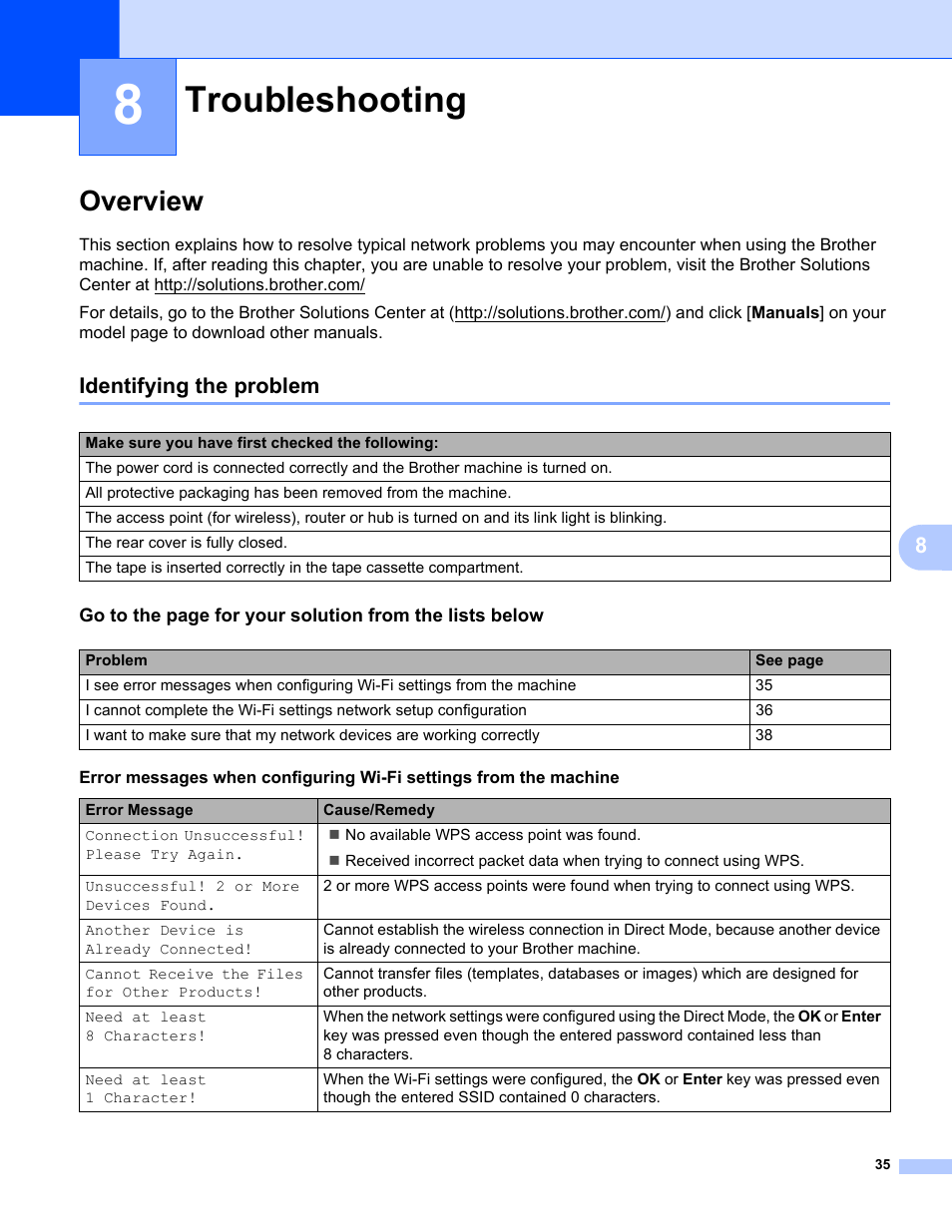 8 troubleshooting, Overview, Identifying the problem | Troubleshooting | Brother PT-E550W User Manual | Page 40 / 58
