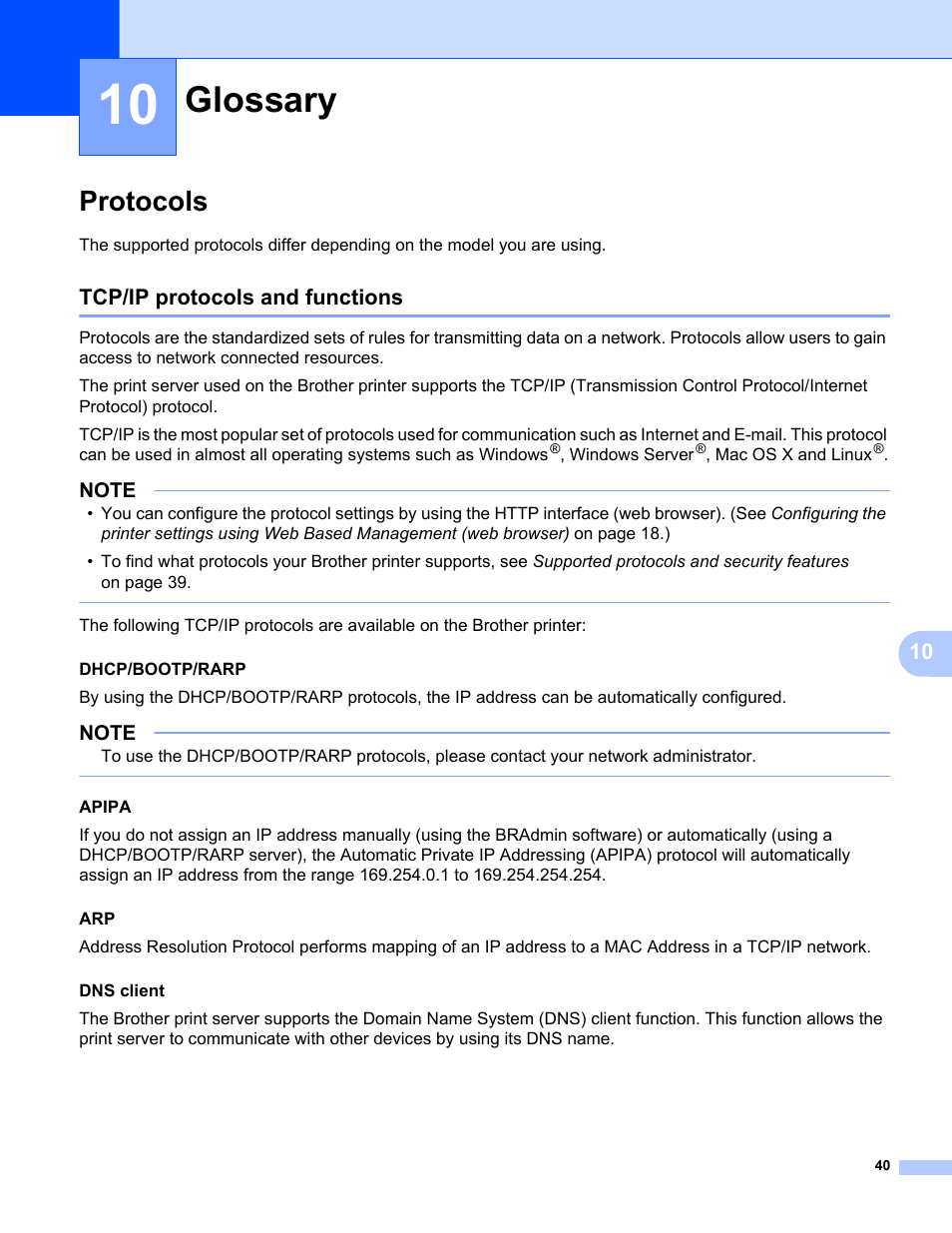 10 glossary, Protocols, Tcp/ip protocols and functions | Glossary | Brother PT-E550W User Manual | Page 45 / 58