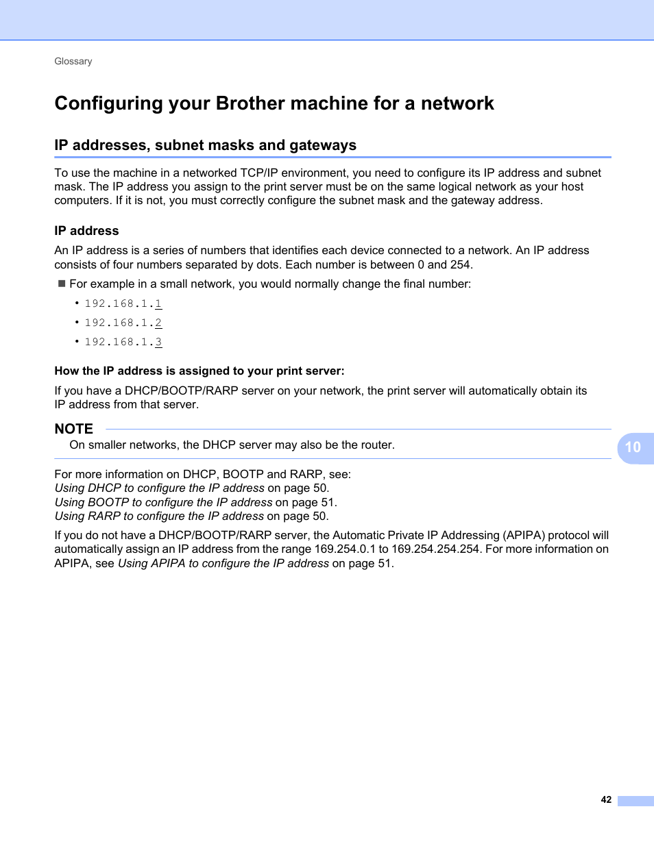 Configuring your brother machine for a network, Ip addresses, subnet masks and gateways, Ip address | Brother PT-E550W User Manual | Page 47 / 58