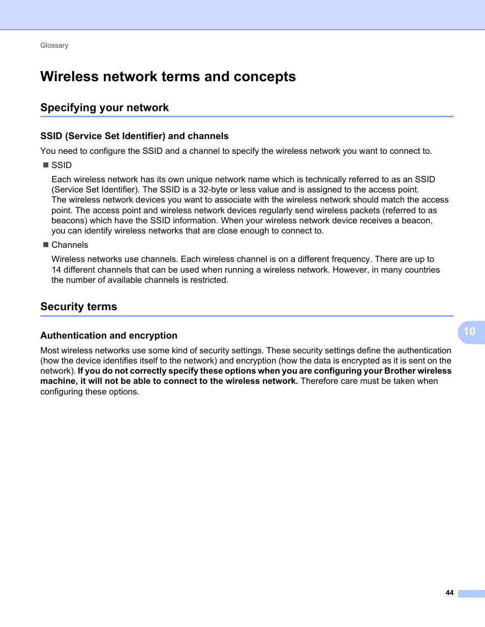 Wireless network terms and concepts, Specifying your network, Ssid (service set identifier) and channels | Security terms, Authentication and encryption, Specifying your network security terms | Brother PT-E550W User Manual | Page 49 / 58