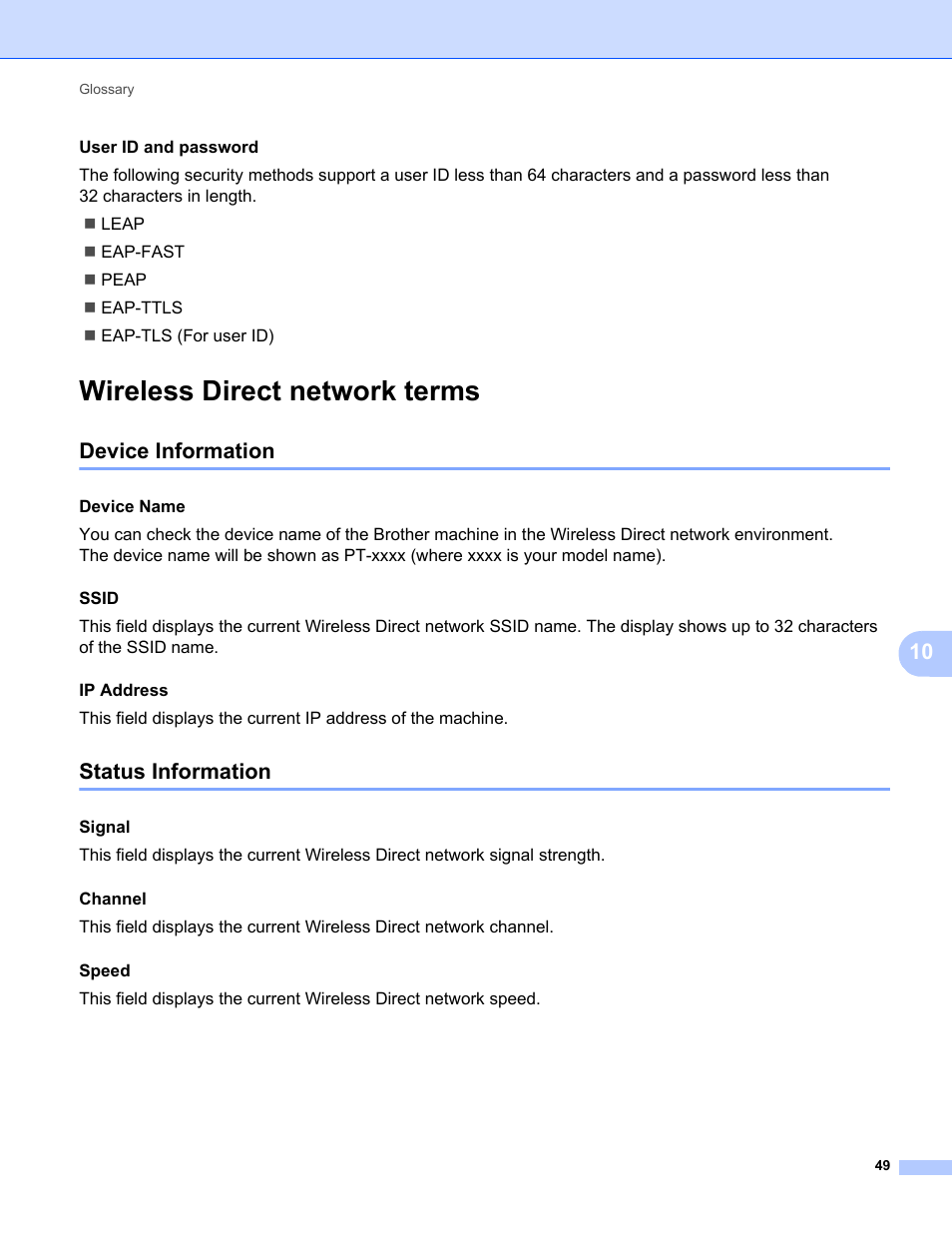 Wireless direct network terms, Device information, Status information | Device information status information | Brother PT-E550W User Manual | Page 54 / 58