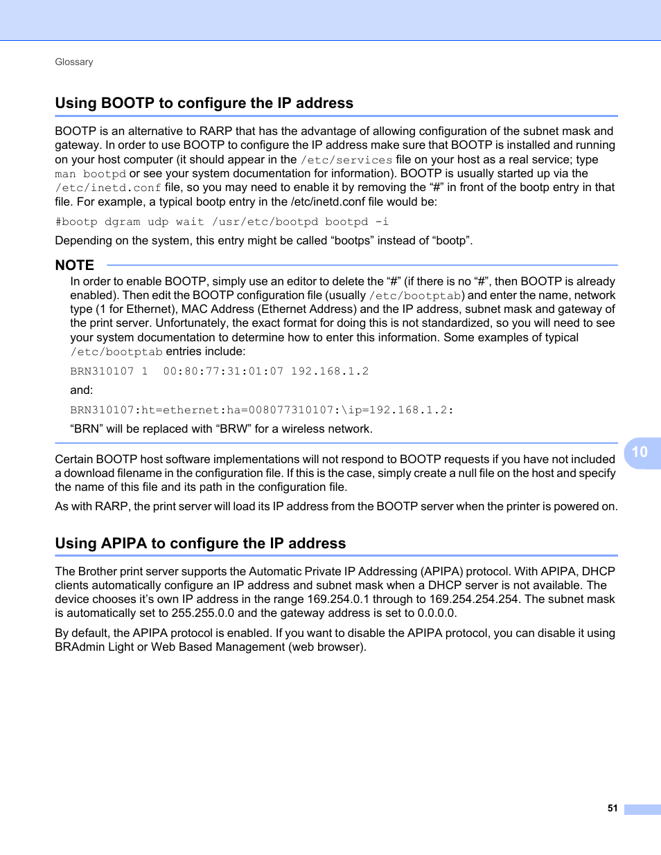 Using bootp to configure the ip address, Using apipa to configure the ip address, 10 using bootp to configure the ip address | Brother PT-E550W User Manual | Page 56 / 58