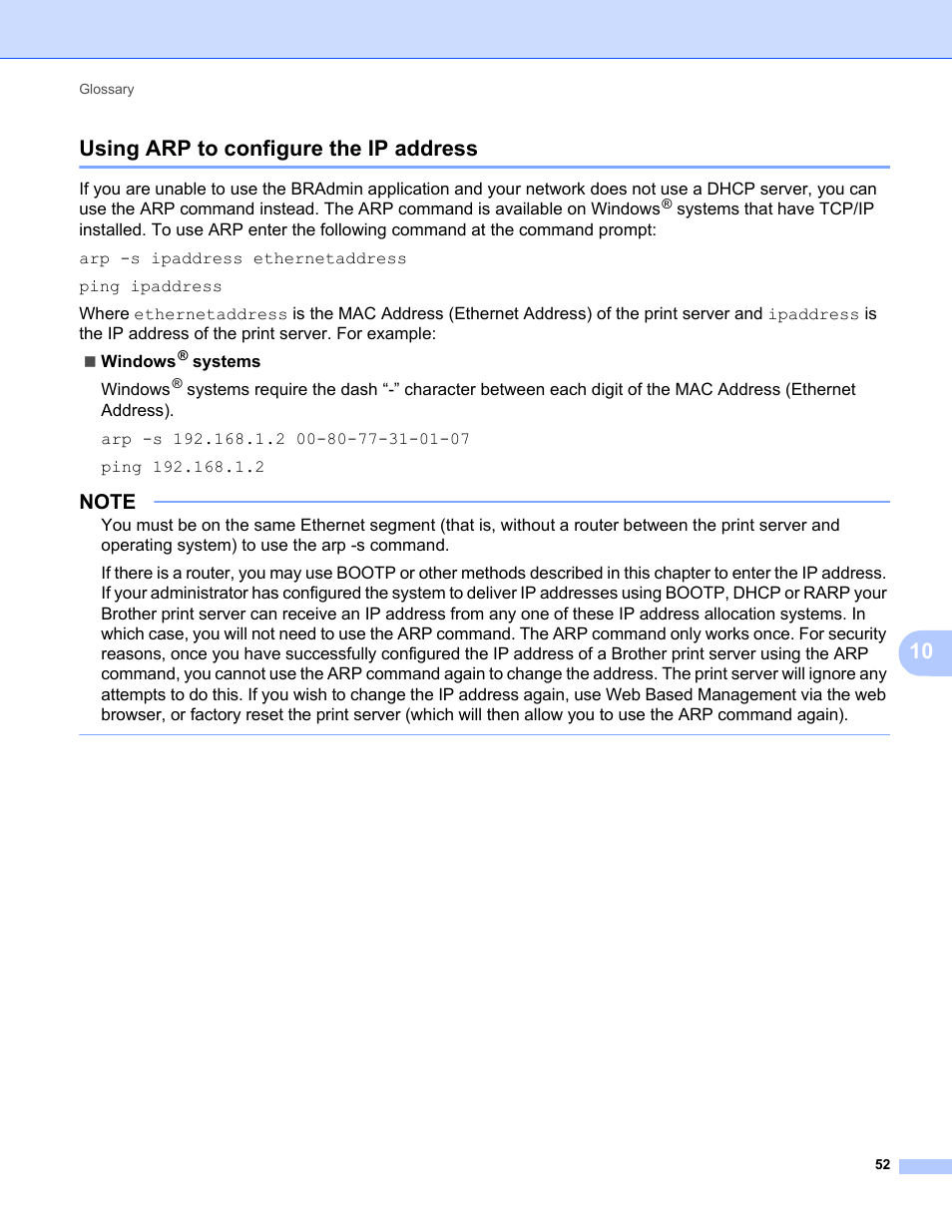 Using arp to configure the ip address, 10 using arp to configure the ip address | Brother PT-E550W User Manual | Page 57 / 58