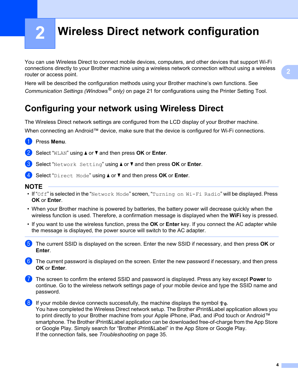 2 wireless direct network configuration, Configuring your network using wireless direct, Wireless direct network configuration | Brother PT-E550W User Manual | Page 9 / 58