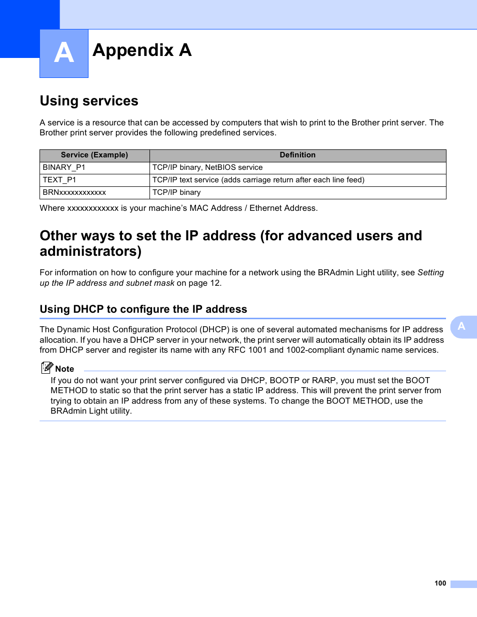 Appendix a, Using services, Using dhcp to configure the ip address | Brother MFC-J410W User Manual | Page 107 / 122