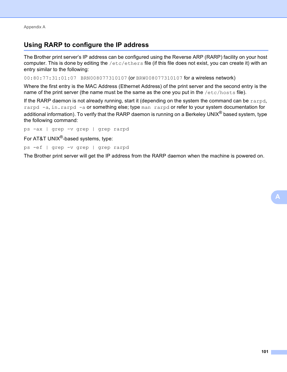 Using rarp to configure the ip address, Ausing rarp to configure the ip address | Brother MFC-J410W User Manual | Page 108 / 122