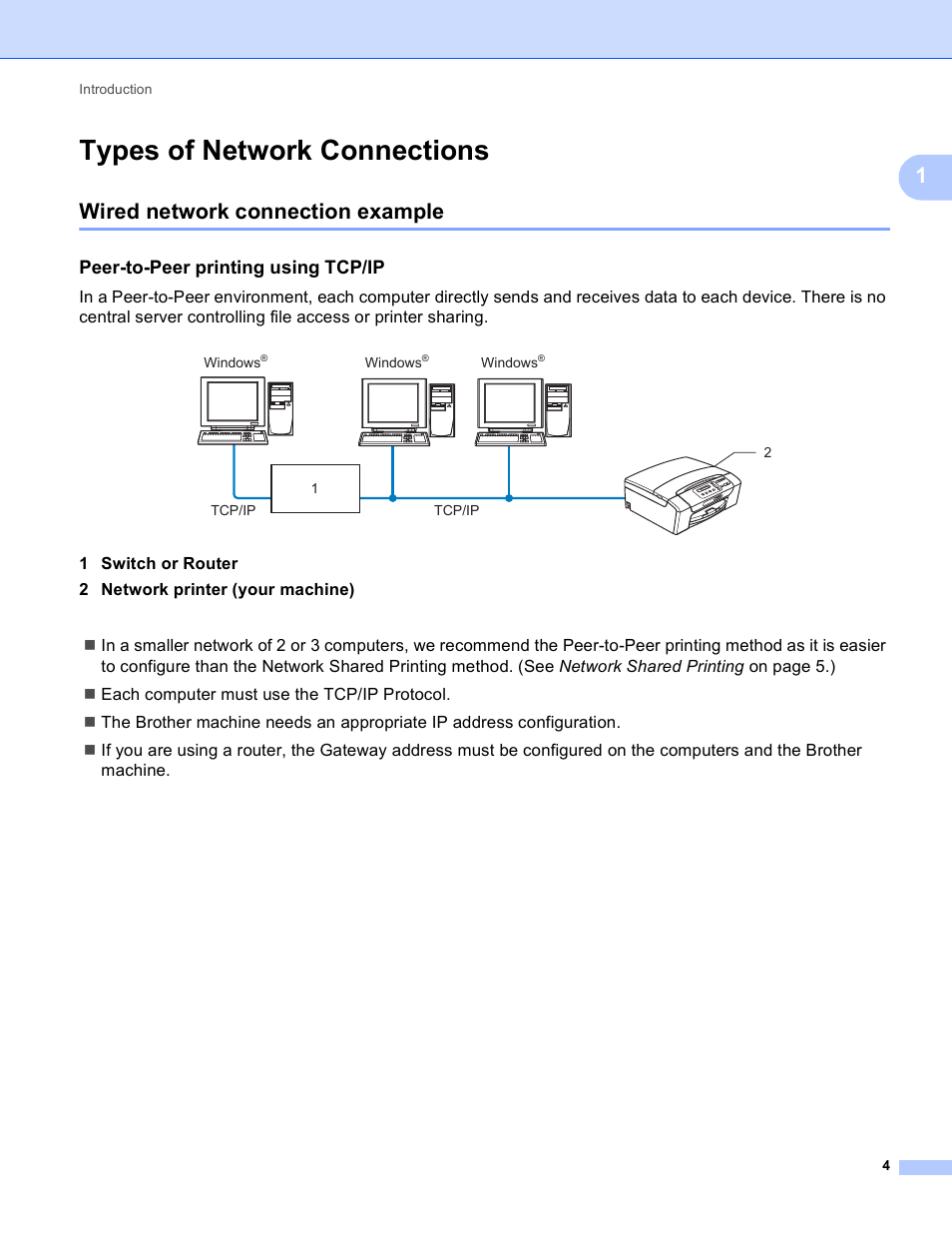 Types of network connections, Wired network connection example, Peer-to-peer printing using tcp/ip | Brother MFC-J410W User Manual | Page 11 / 122
