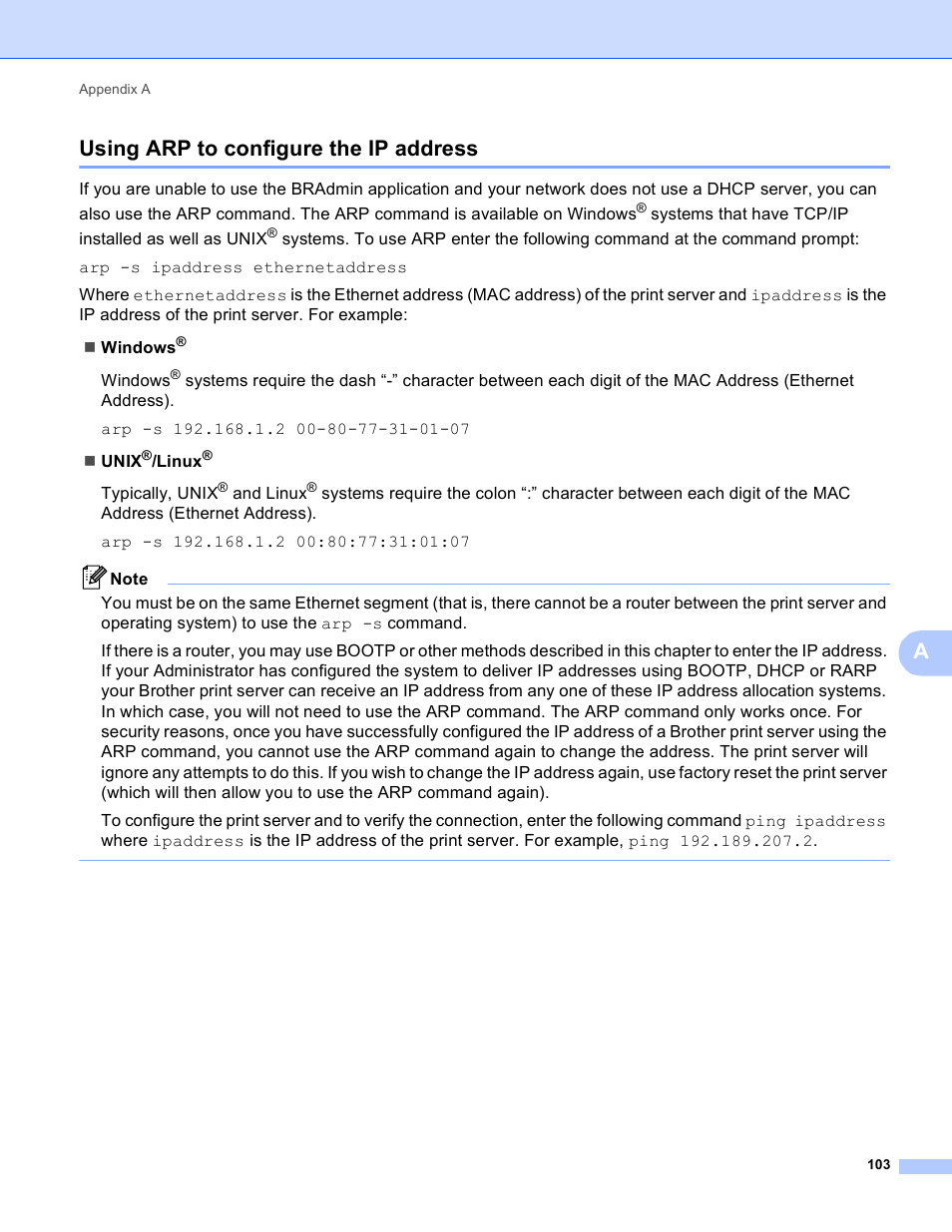 Using arp to configure the ip address, Ausing arp to configure the ip address | Brother MFC-J410W User Manual | Page 110 / 122