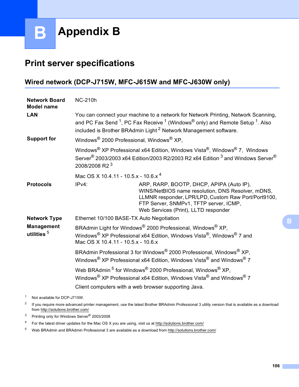 Appendix b, Print server specifications | Brother MFC-J410W User Manual | Page 113 / 122