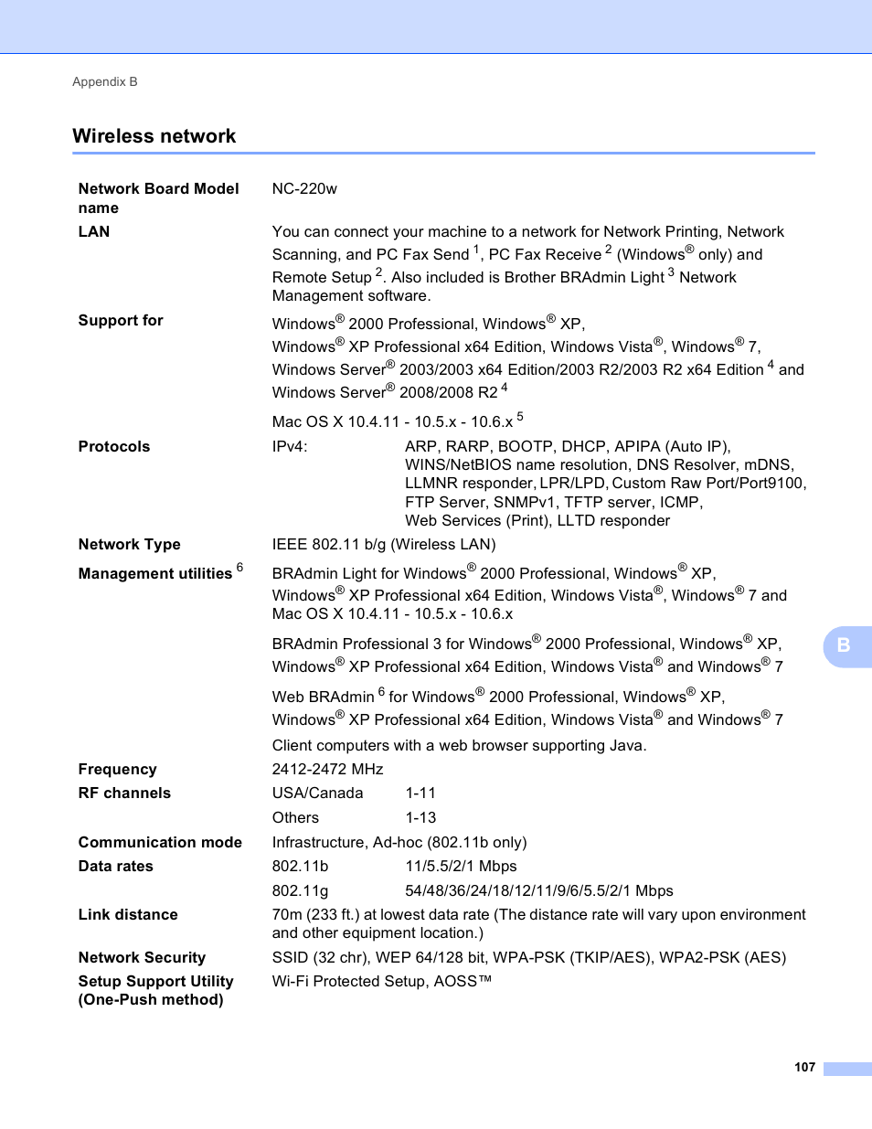 Wireless network, Bwireless network | Brother MFC-J410W User Manual | Page 114 / 122