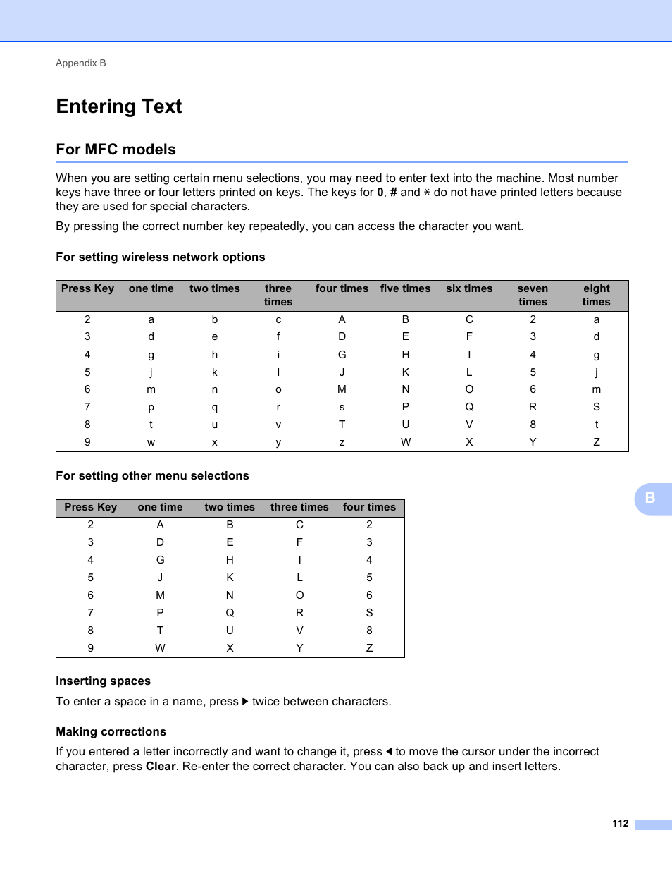 Entering text, For mfc models | Brother MFC-J410W User Manual | Page 119 / 122