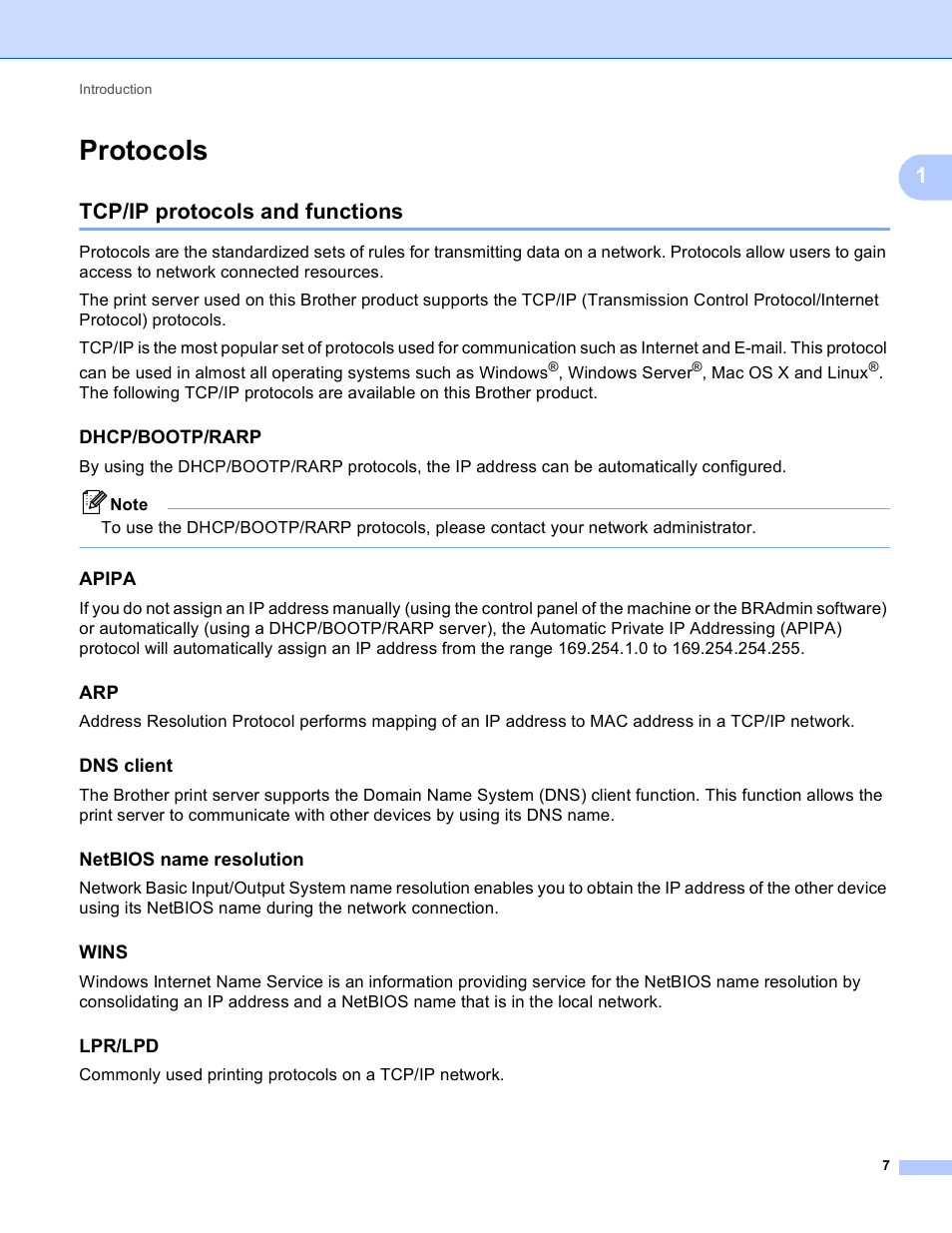 Protocols, Tcp/ip protocols and functions, Dhcp/bootp/rarp | Apipa, Dns client, Netbios name resolution, Wins, Lpr/lpd | Brother MFC-J410W User Manual | Page 14 / 122