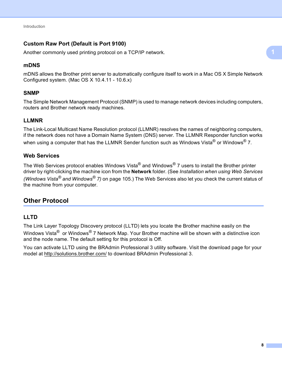 Custom raw port (default is port 9100), Mdns, Snmp | Llmnr, Web services, Other protocol, Lltd | Brother MFC-J410W User Manual | Page 15 / 122