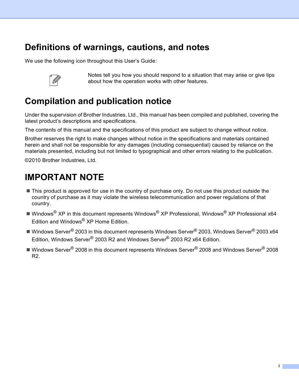 Definitions of warnings, cautions, and notes, Compilation and publication notice, Important note | Brother MFC-J410W User Manual | Page 2 / 122