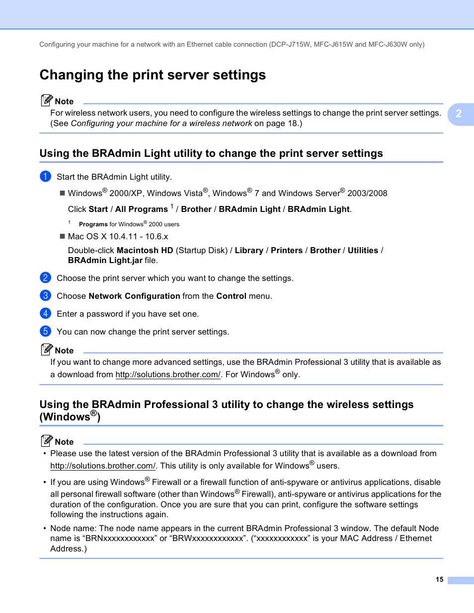 Changing the print server settings | Brother MFC-J410W User Manual | Page 22 / 122