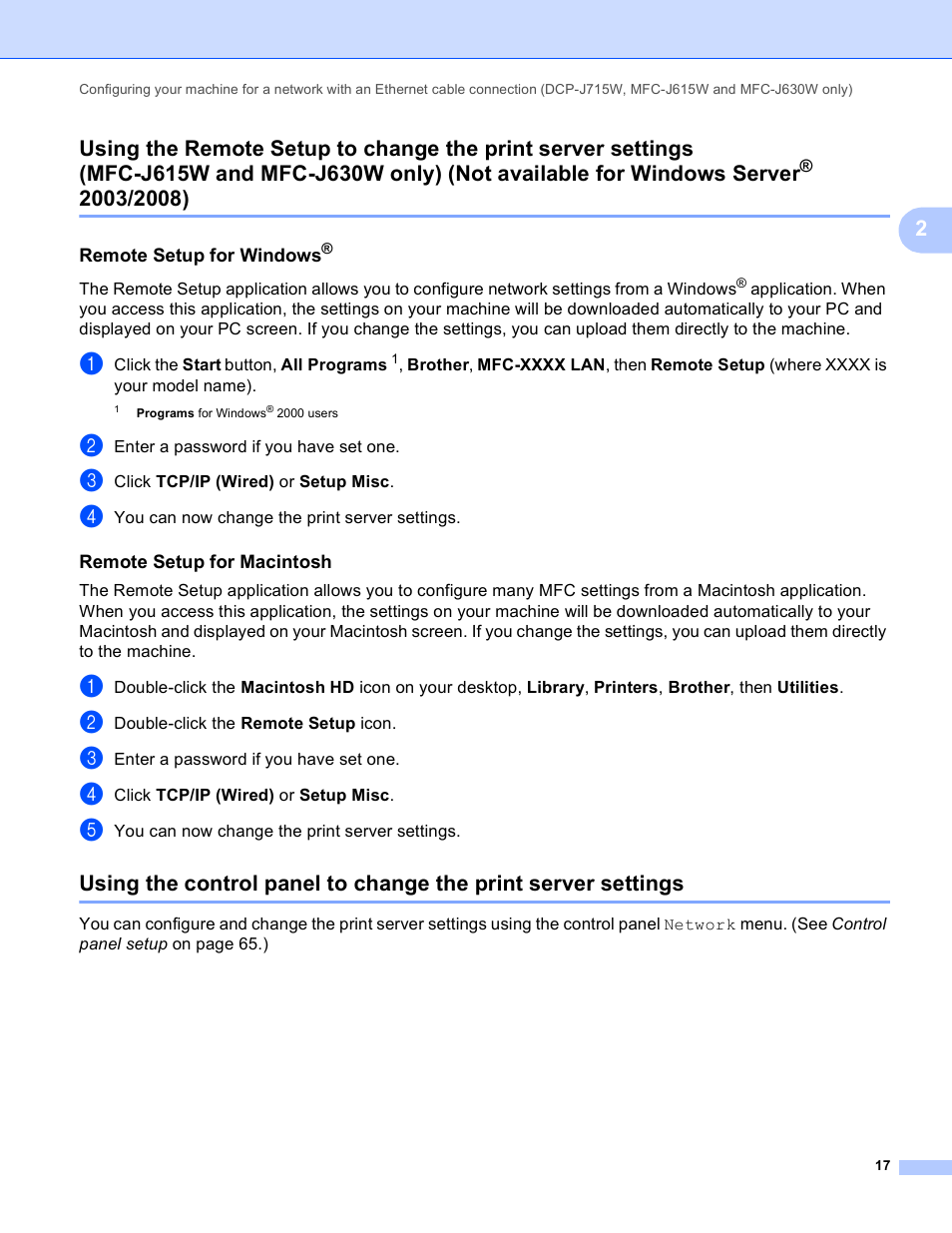 Remote setup for windows, Remote setup for macintosh | Brother MFC-J410W User Manual | Page 24 / 122