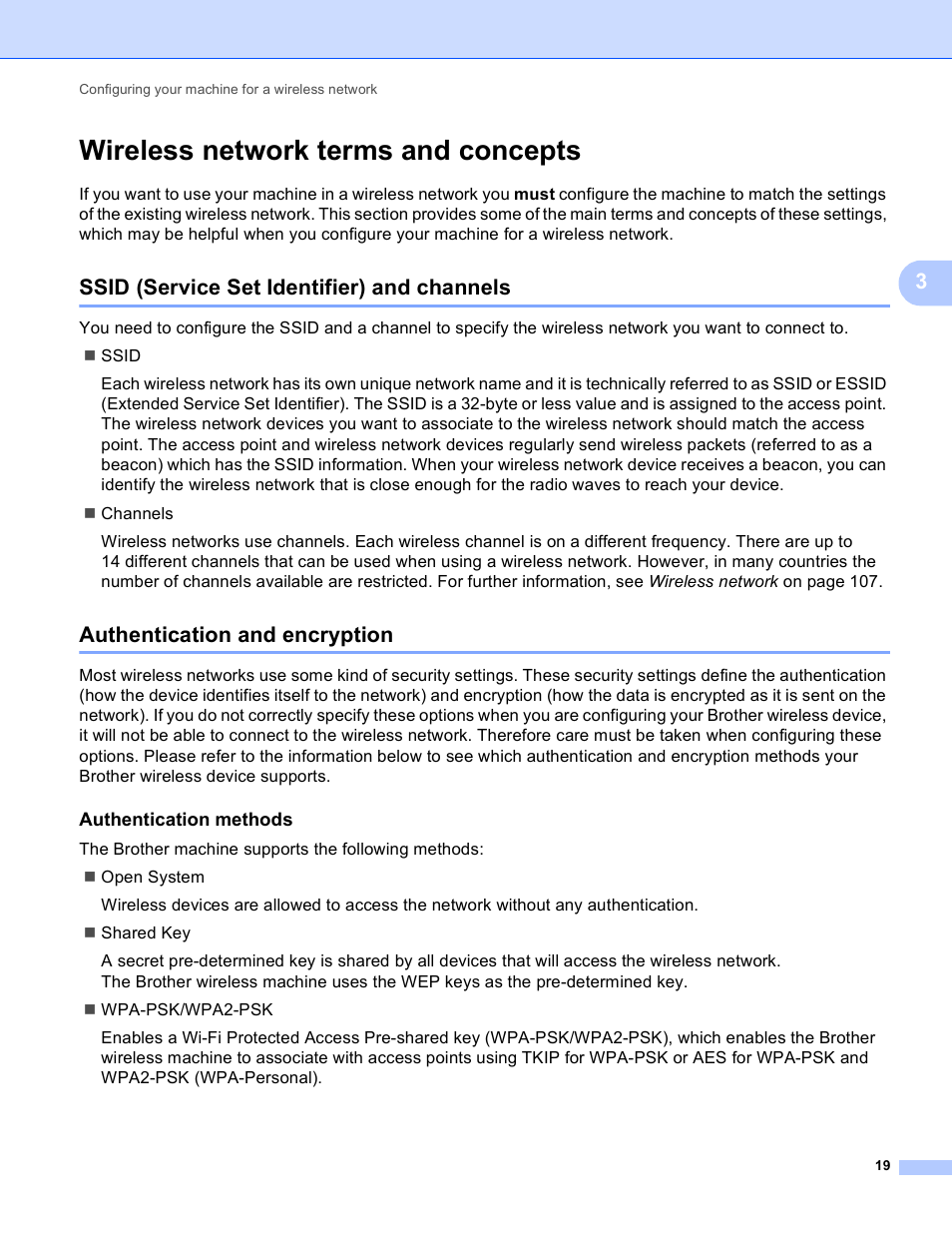 Wireless network terms and concepts, Ssid (service set identifier) and channels, Authentication and encryption | Authentication methods | Brother MFC-J410W User Manual | Page 26 / 122