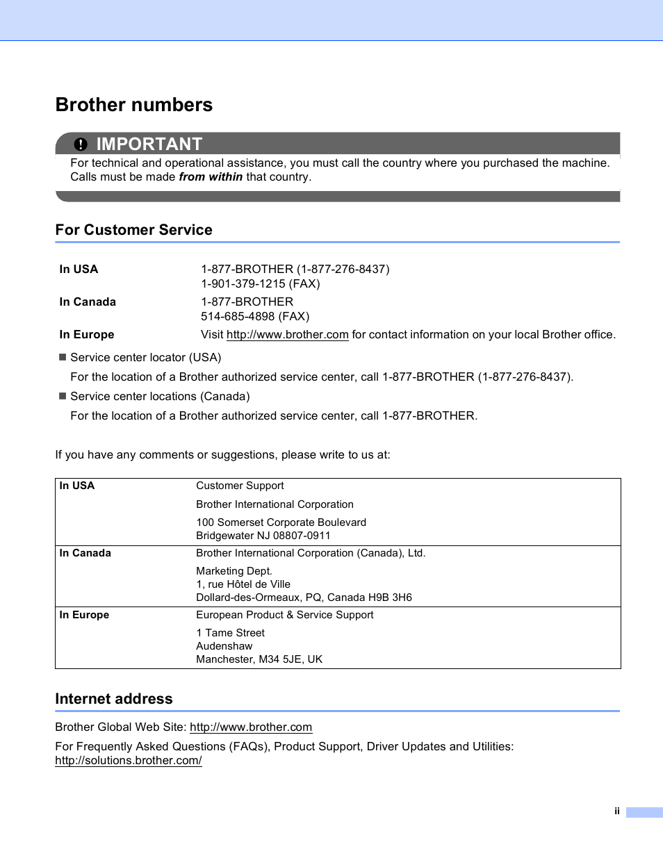 Brother numbers, For customer service, Internet address | Important | Brother MFC-J410W User Manual | Page 3 / 122