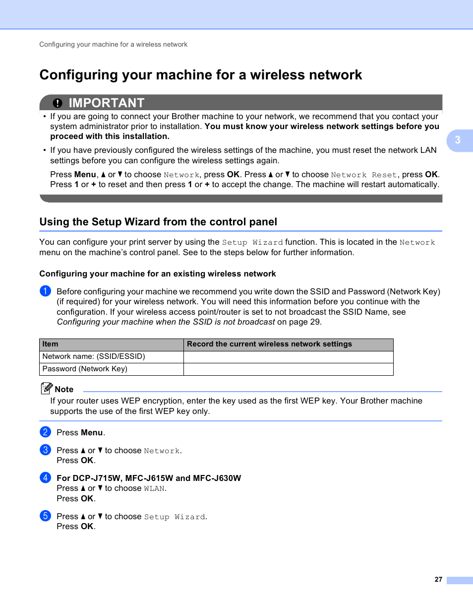 Configuring your machine for a wireless network, Using the setup wizard from the control panel, Important | Brother MFC-J410W User Manual | Page 34 / 122